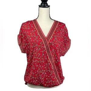 Max Studio Red Floral Print Short Sleeve Faux Wrap High Low Blouse - Size XS